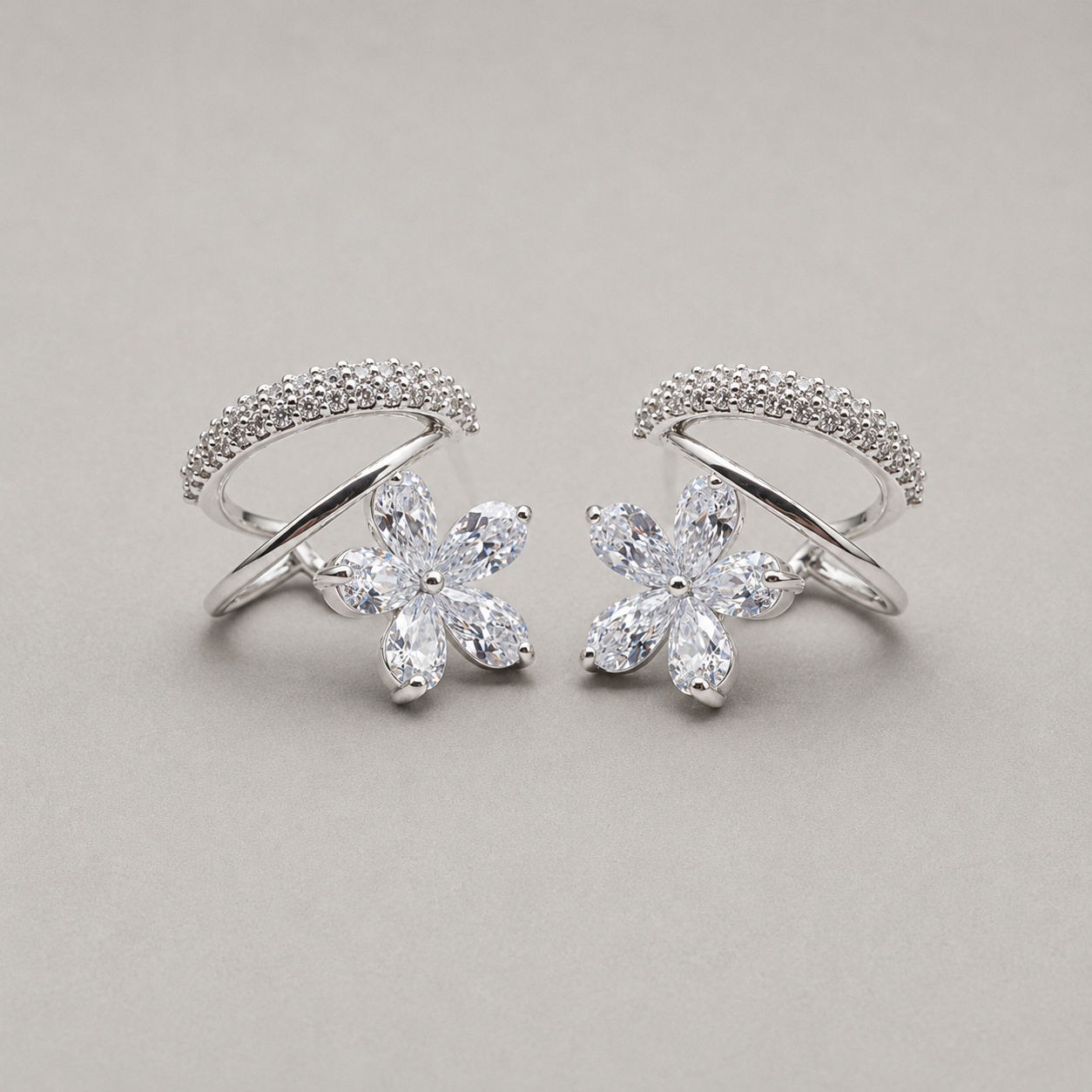 Silver Dual-Band Earrings with Floral Charm