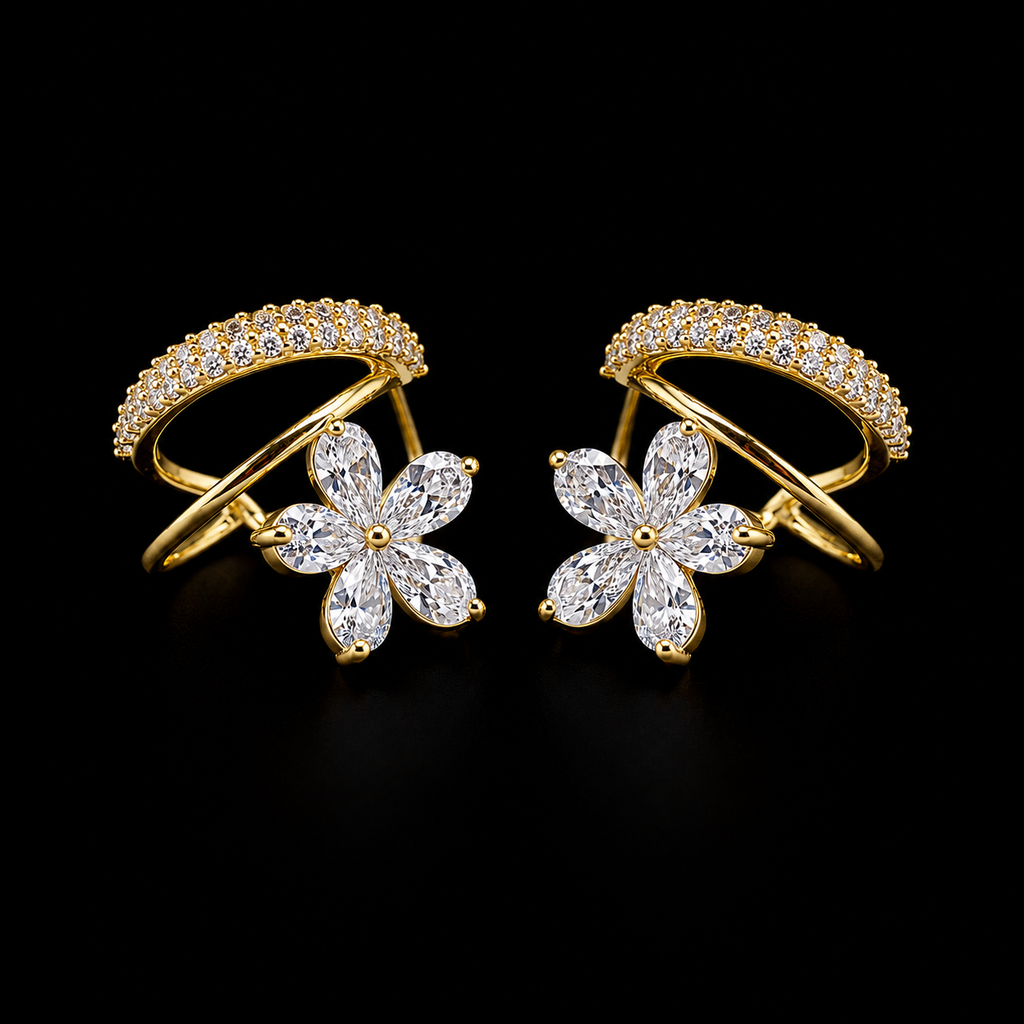 Dual-Band Earrings with Floral Charm