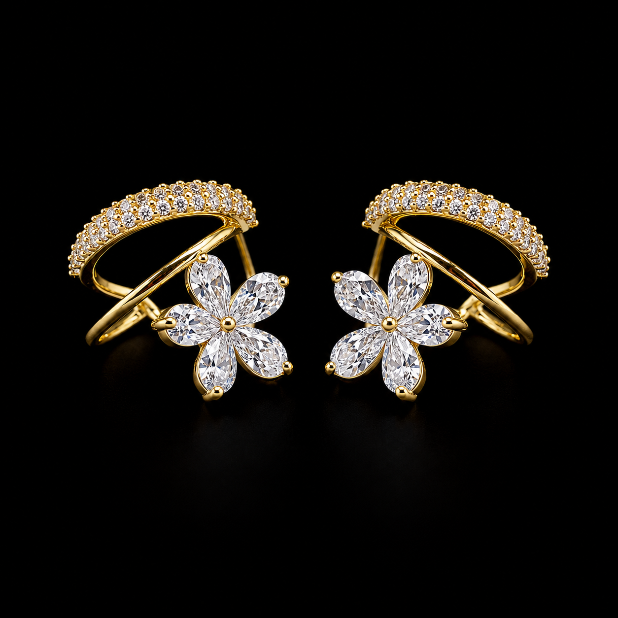 Dual-Band Earrings with Floral Charm