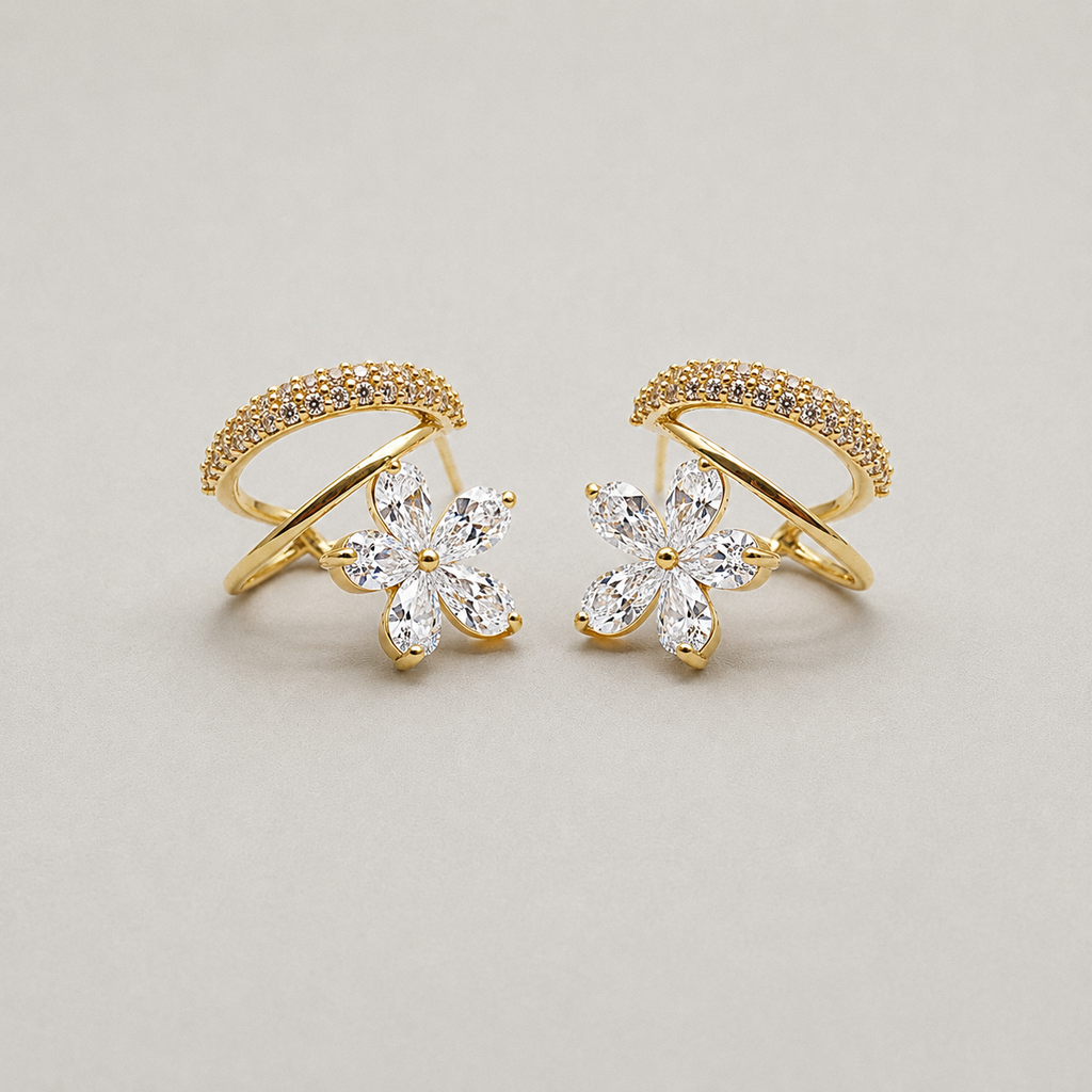 Dual-Band Earrings with Floral Charm