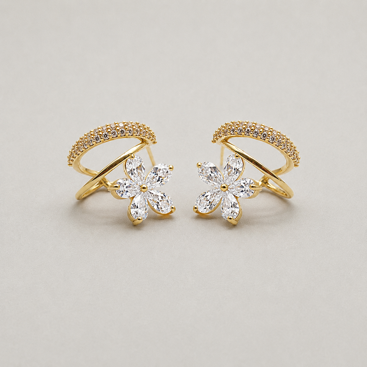 Dual-Band Earrings with Floral Charm