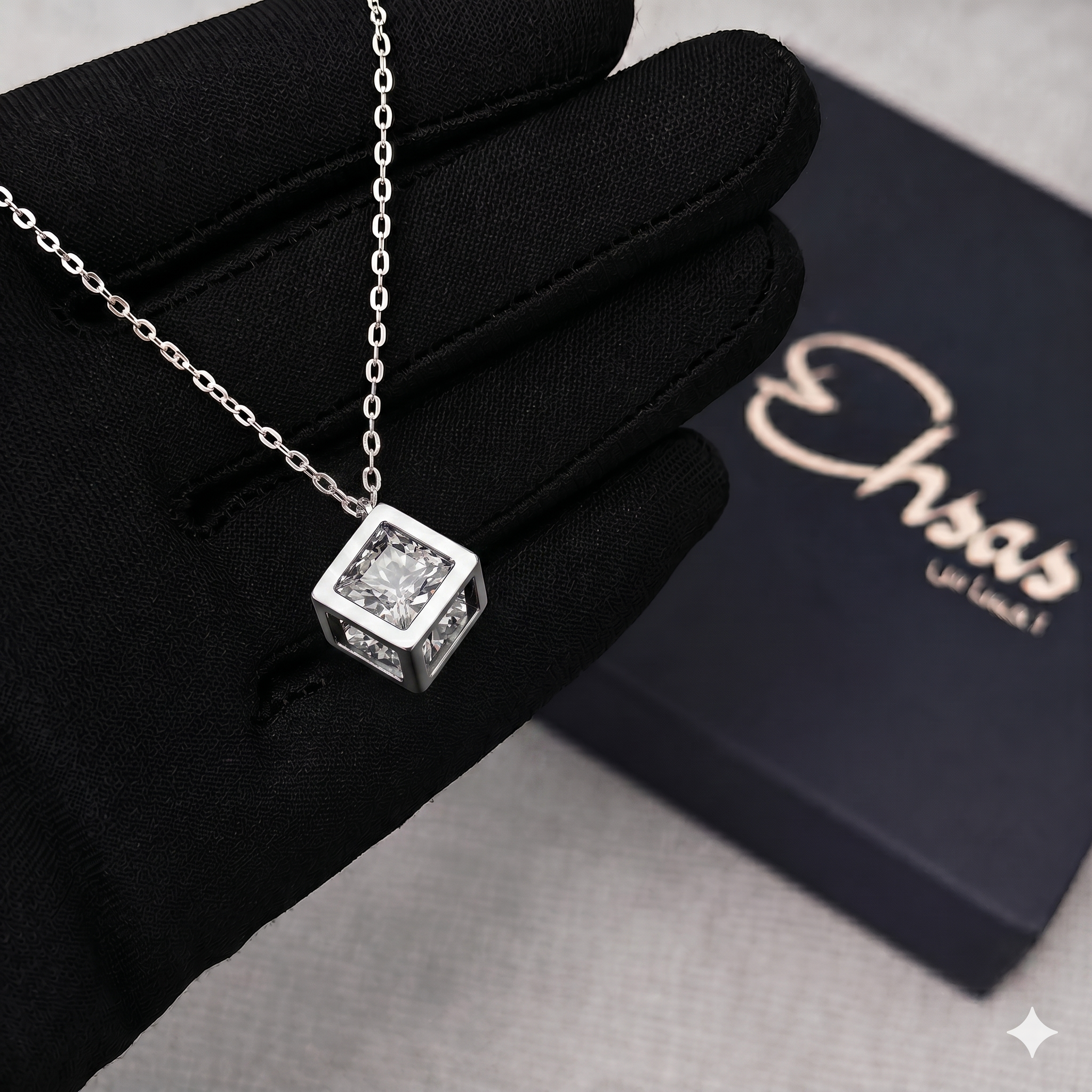 Geometric Cube with Floating Brilliant Round Solitaire Necklace