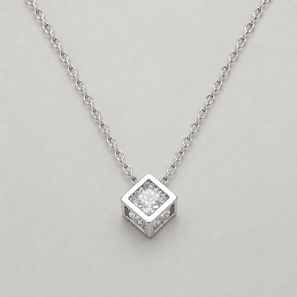 Geometric Cube with Floating Brilliant Round Solitaire Necklace