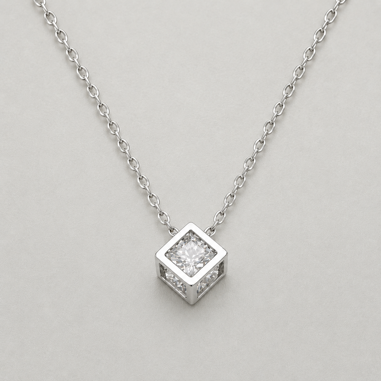 Geometric Cube with Floating Brilliant Round Solitaire Necklace