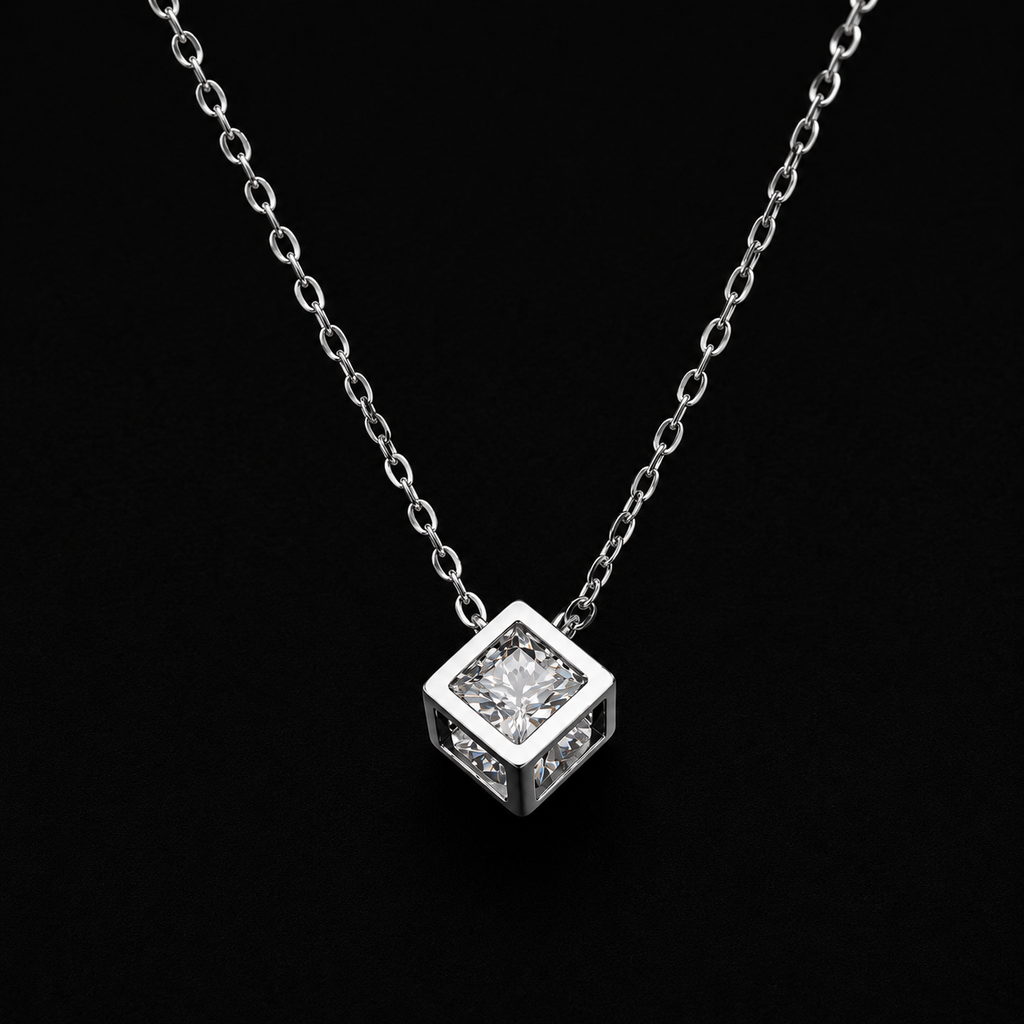 Geometric Cube with Floating Brilliant Round Solitaire Necklace
