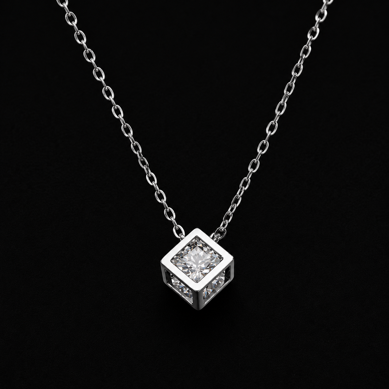 Geometric Cube with Floating Brilliant Round Solitaire Necklace