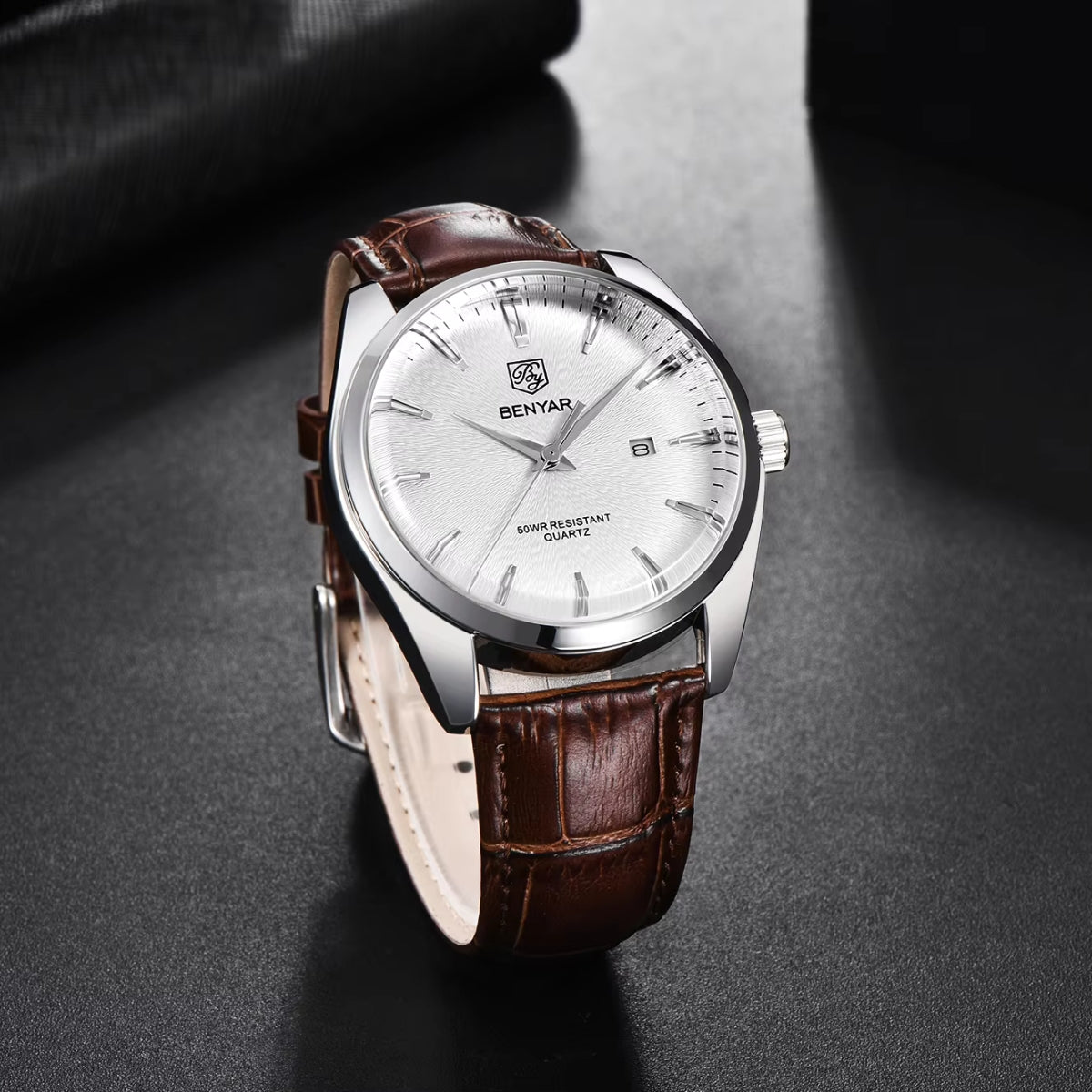 Benyar 5163 Men’s Minimalist Watch – Brown Leather Strap & White Dial