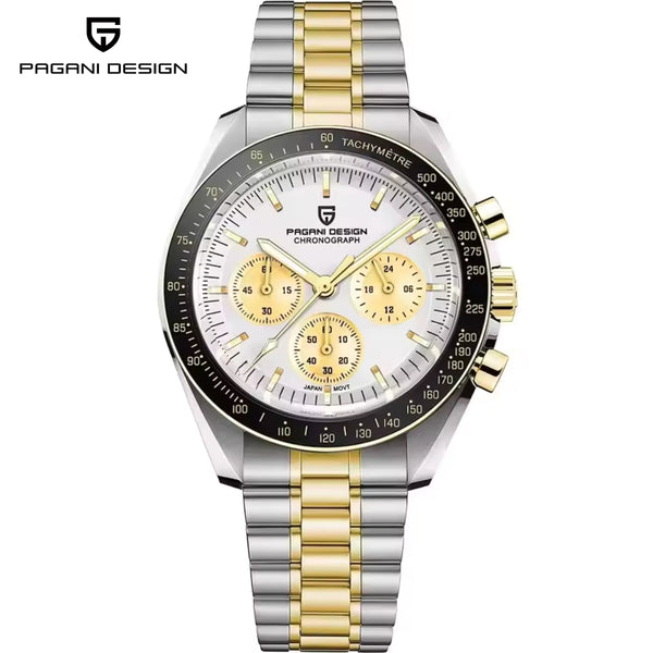 Pagani Design V6 Men’s Watch – VK63 Quartz Chronograph Stainless Steel - PD 1701 -Gold and White Dial
