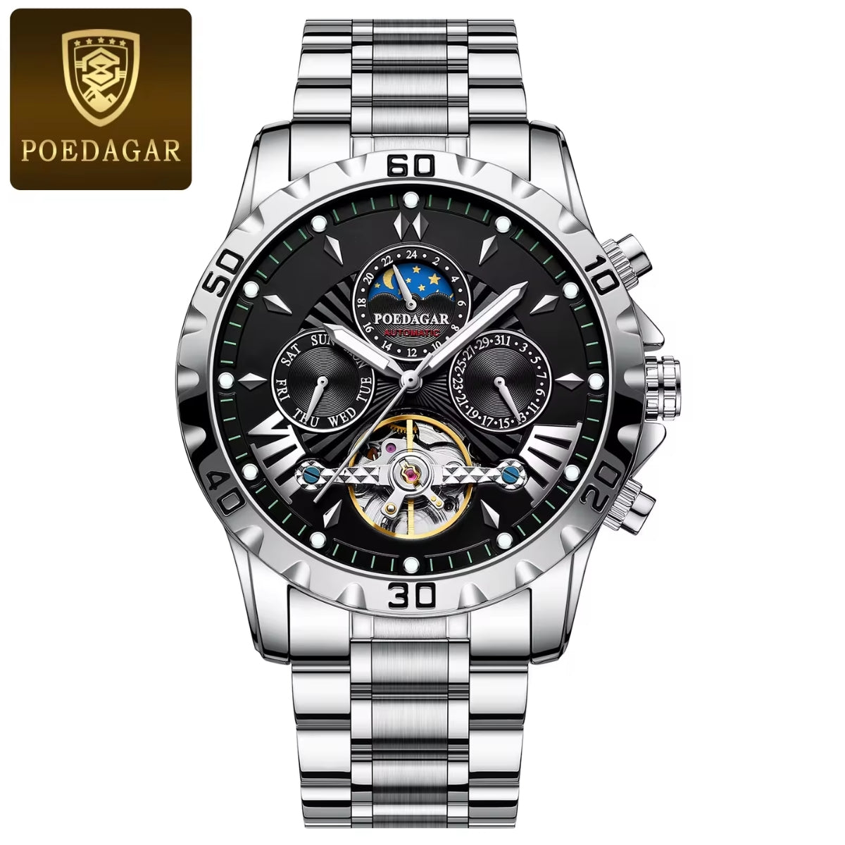 Poedagar 1410 Men’s Automatic Watch – Luxury Stainless Steel Hollow Tourbillon Mechanical Wristwatch Black Dial