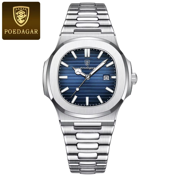 Poedagar 613 Men’s Luxury Stainless Steel Watch – Waterproof Quartz Wristwatch with Luminous Blue Dial