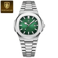 Poedagar 613 Men’s Luxury Stainless Steel Watch – Waterproof Quartz Wristwatch with Luminous Green Dial