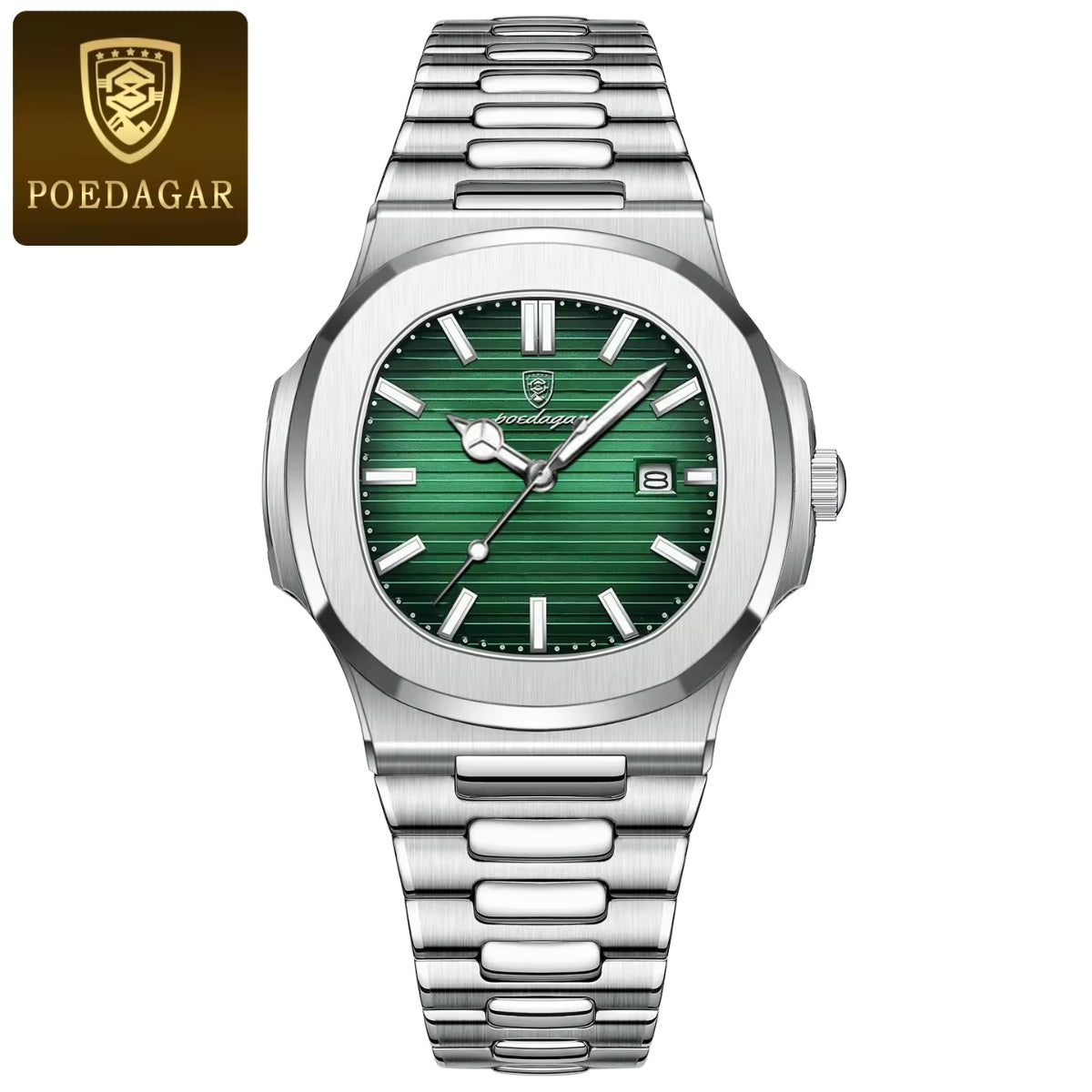 Poedagar 613 Men’s Luxury Stainless Steel Watch – Waterproof Quartz Wristwatch with Luminous Green Dial