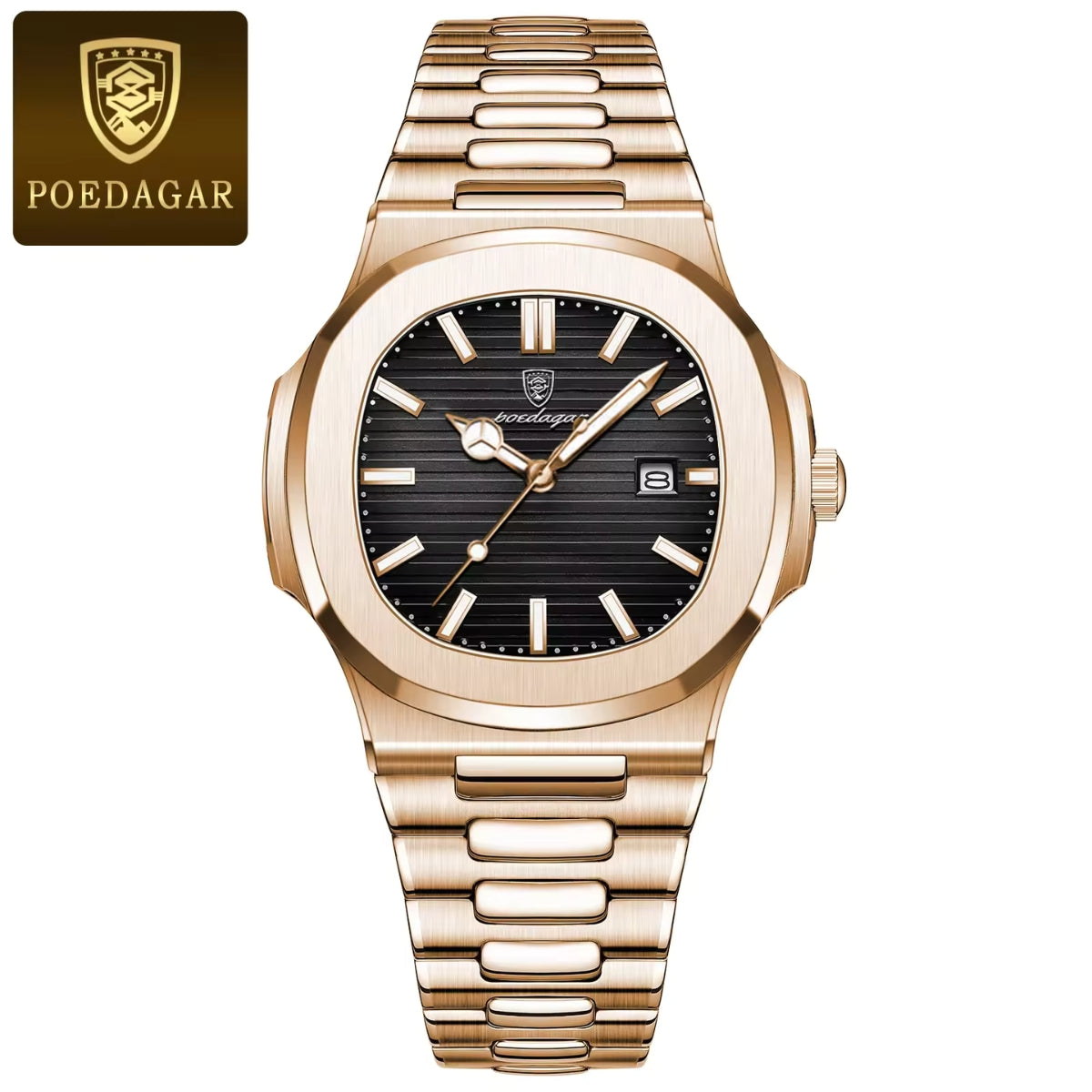 Poedagar 613 Men’s Luxury Stainless Steel Watch – Waterproof Quartz Wristwatch with Luminous Dial Rose Black