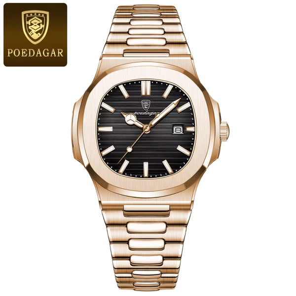 Poedagar 613 Men’s Luxury Stainless Steel Watch – Waterproof Quartz Wristwatch with Luminous Dial Rose Black