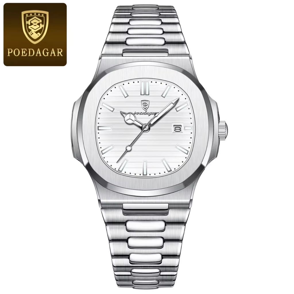 Poedagar 613 Men’s Luxury Stainless Steel Watch – Waterproof Quartz Wristwatch with Luminous White Dial