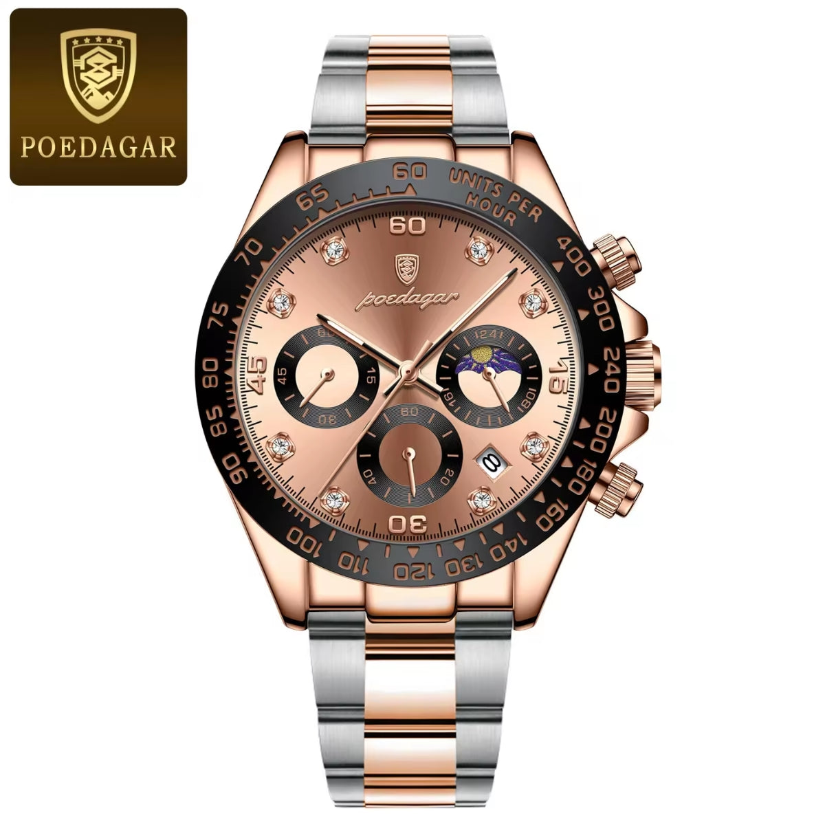 POEDAGAR 629 Men’s Luxury Sport Watch – Stainless Steel Chronograph Quartz with Luminous Date & Waterproof Rose Gold Dial