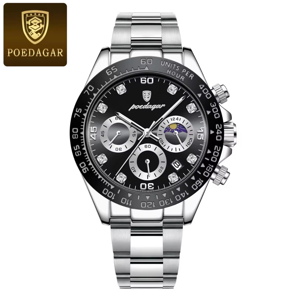 POEDAGAR 629 Men’s Luxury Sport Watch – Stainless Steel Chronograph Quartz with Luminous Date & Waterproof Silver and Black