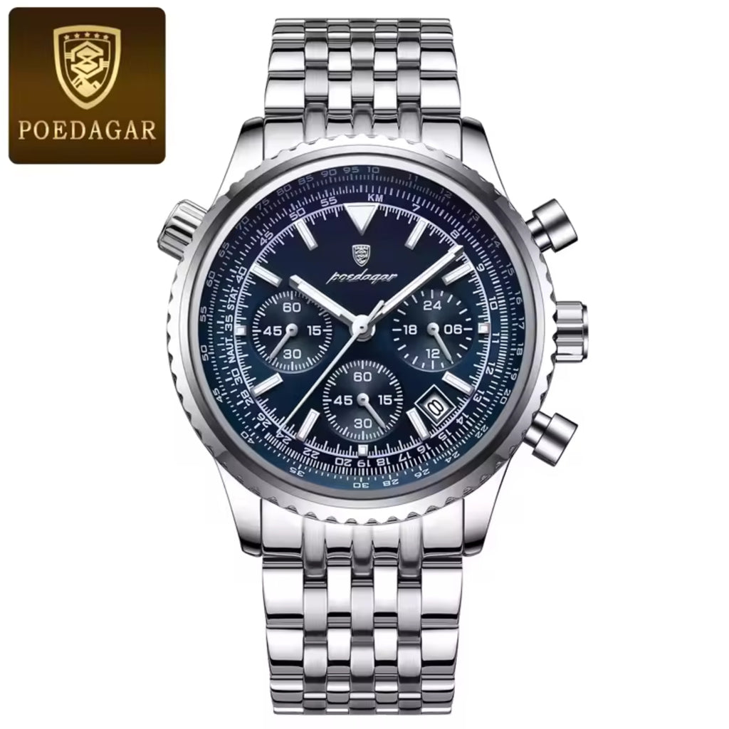 Poedagar 960 Men’s Luxury Watch – Stainless Steel Chronograph Waterproof Quartz with Luminous Blue Dial