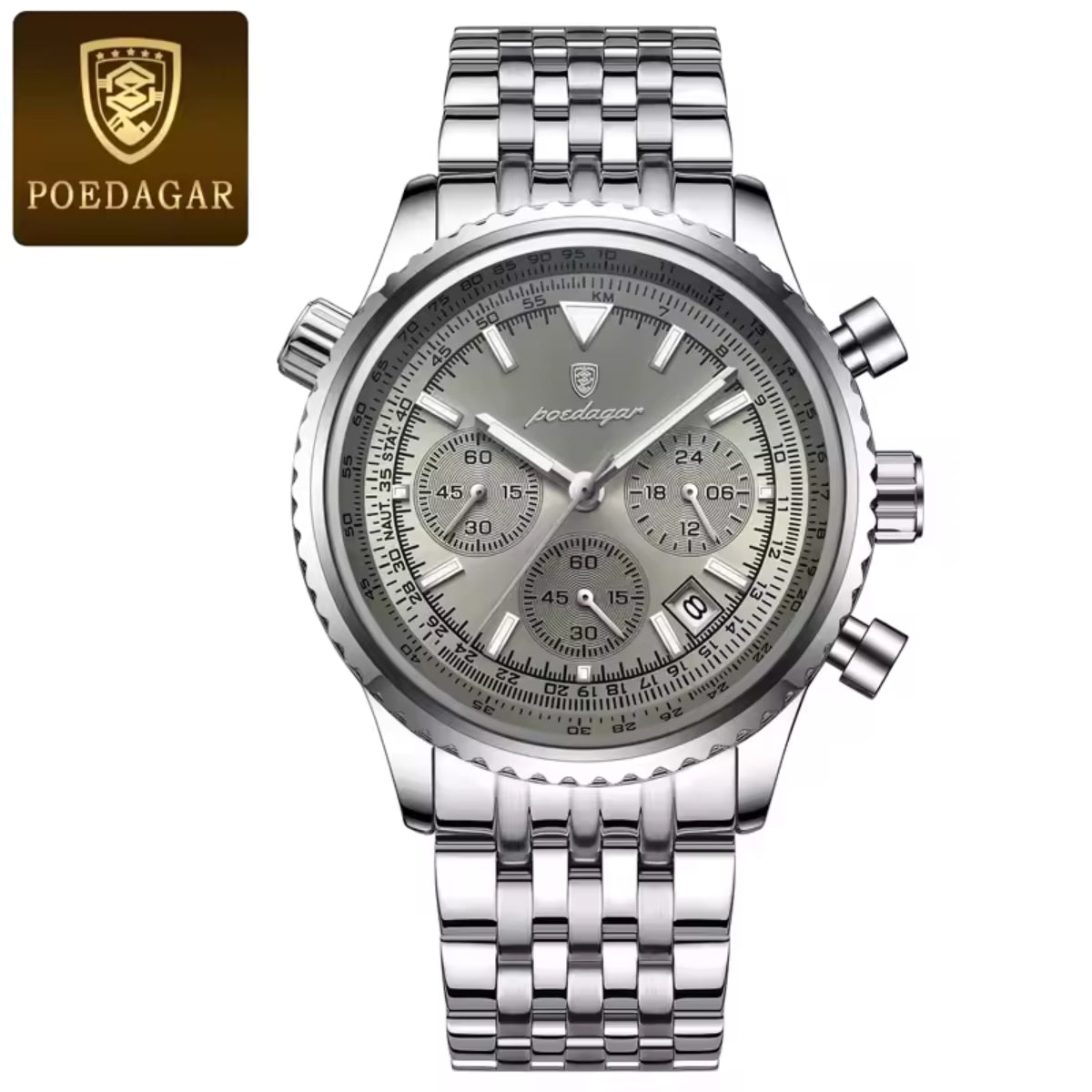Poedagar 960 Men’s Luxury Watch – Stainless Steel Chronograph Waterproof Quartz with Luminous Gray Dial