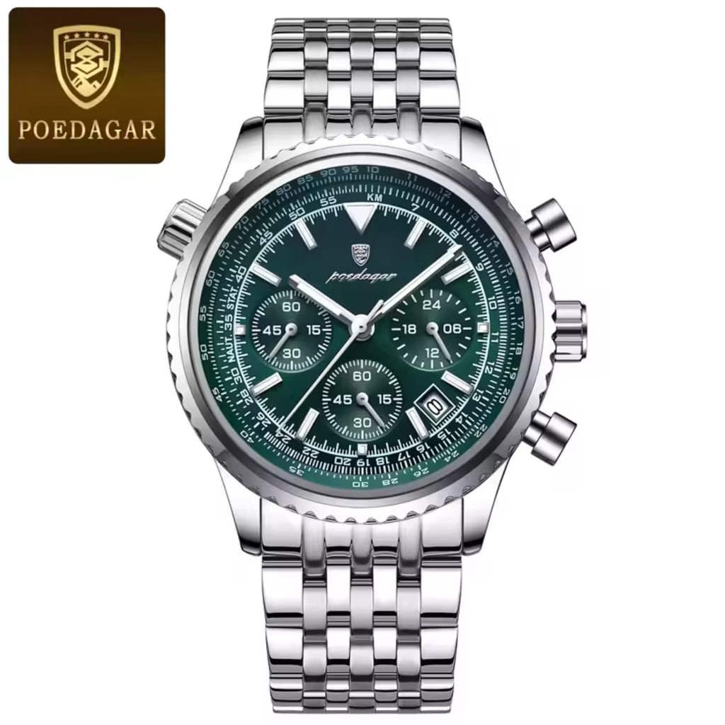 Poedagar 960 Men’s Luxury Watch – Stainless Steel Chronograph Waterproof Quartz with Luminous Green Dial
