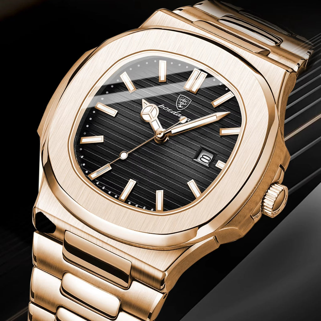 Poedagar 613 Men’s Luxury Stainless Steel Watch – Waterproof Quartz Wristwatch with Luminous Dial Rose Black