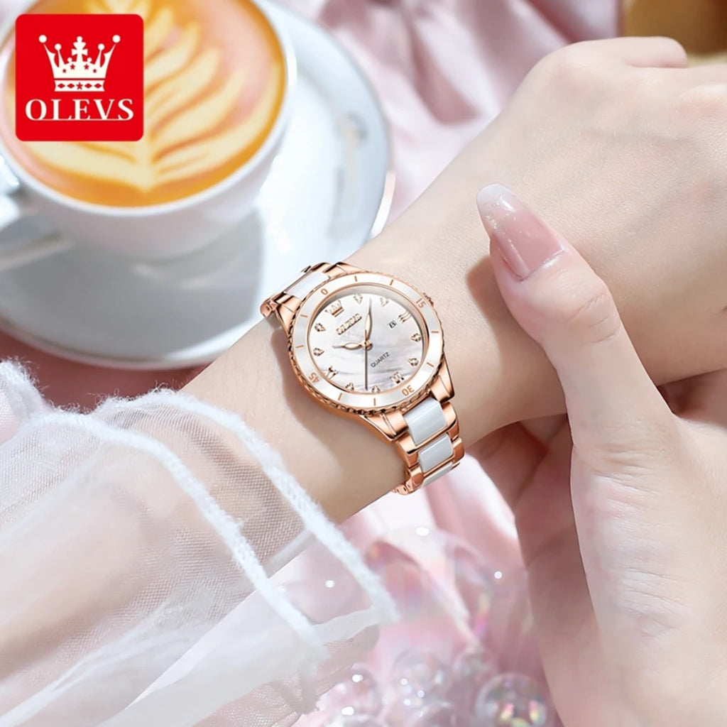 OLEVS 9985 Women’s Elegant Ceramic Watch – Waterproof Stainless Steel Quartz l Pearl White