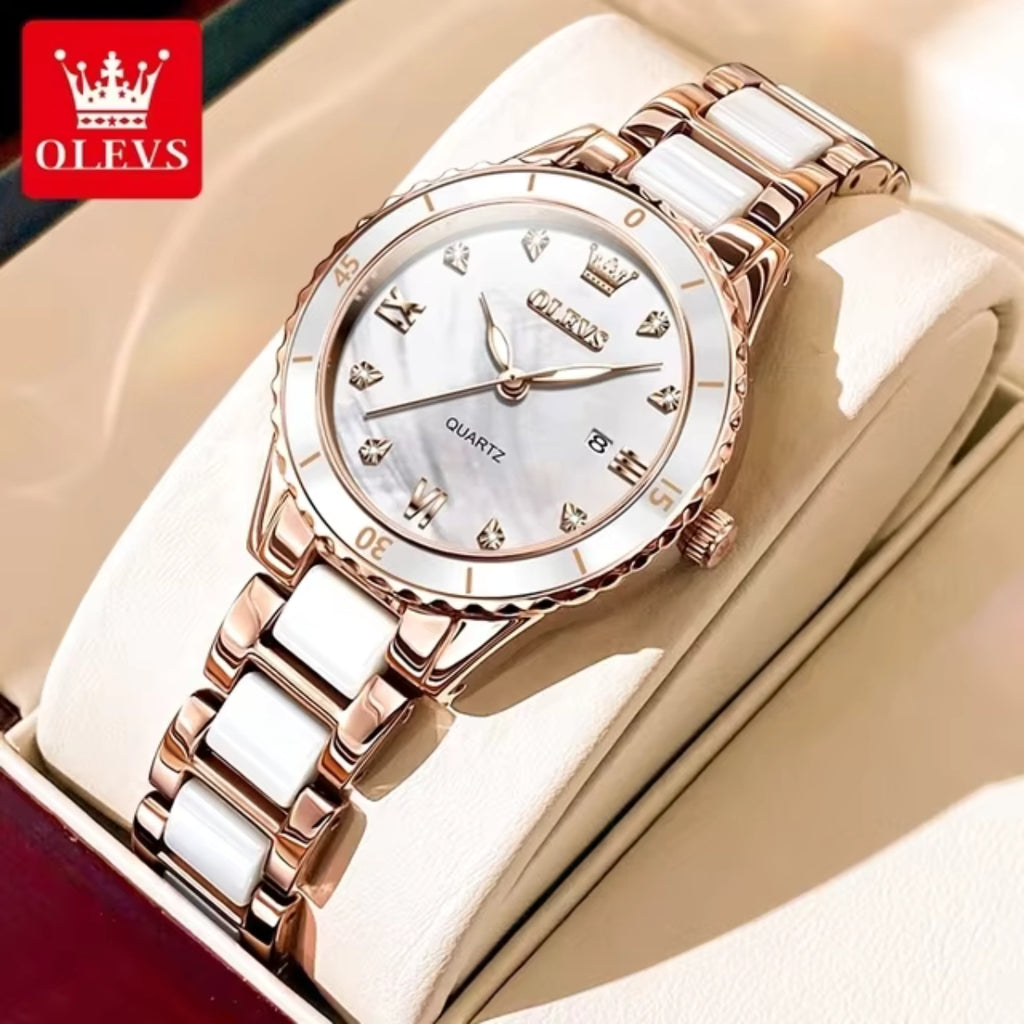 OLEVS 9985 Women’s Elegant Ceramic Watch – Waterproof Stainless Steel Quartz l Pearl White