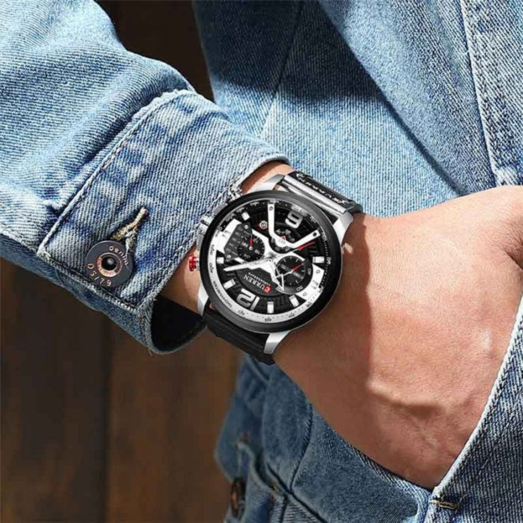 CURREN 8329 Men Watch Leather Sports Watch Quartz Fashion Chronograph Waterproof Black