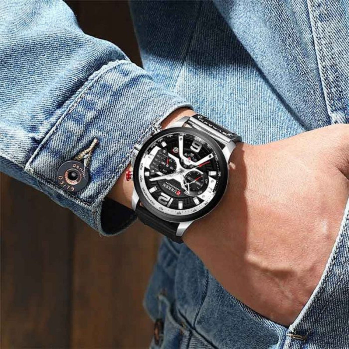 CURREN 8329 Men Watch Leather Sports Watch Quartz Fashion Chronograph Waterproof Black