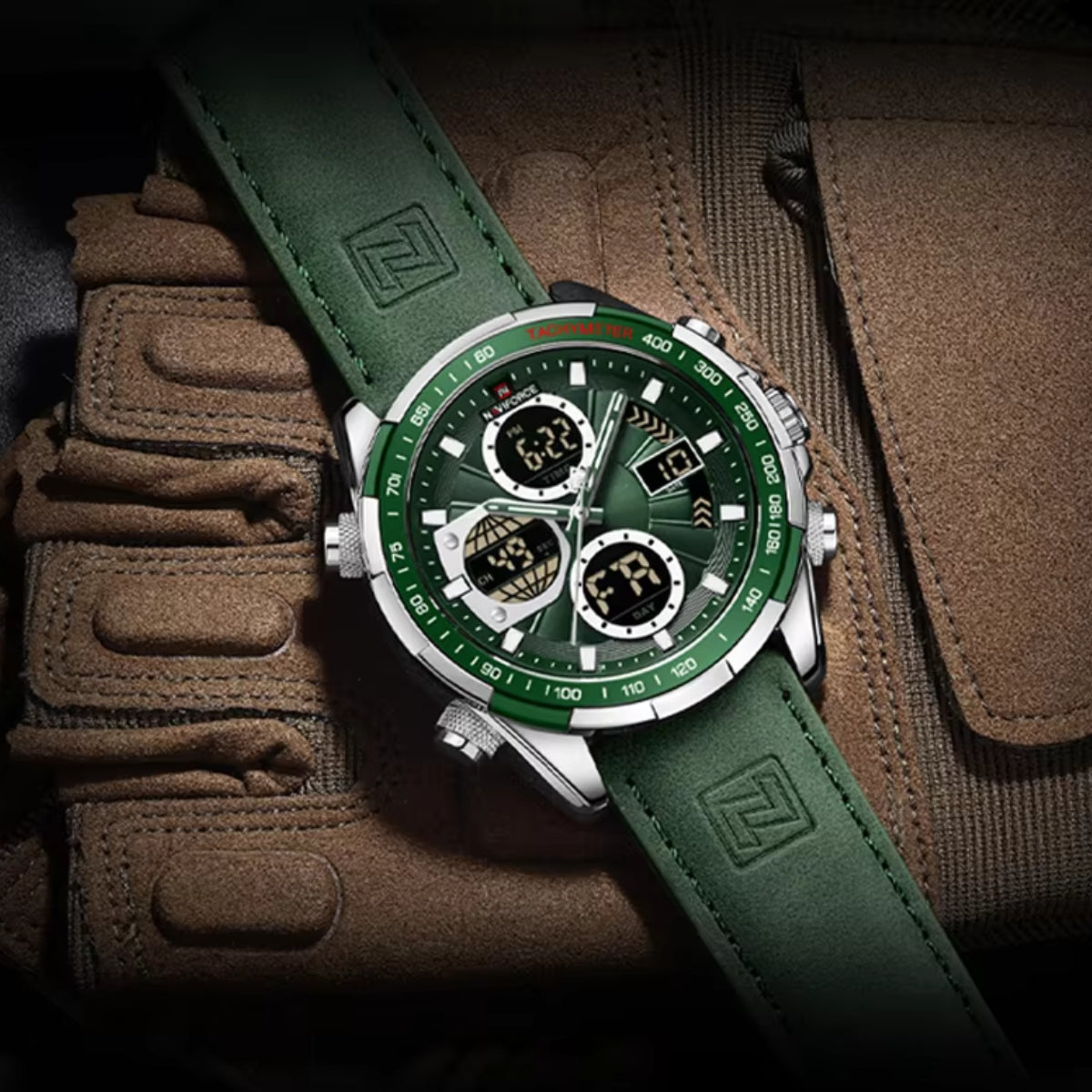NAVIFORCE 9197 Men’s Dual-Display Watch – Luxury Analog-Digital Chronograph with Alarm & Waterproof Green