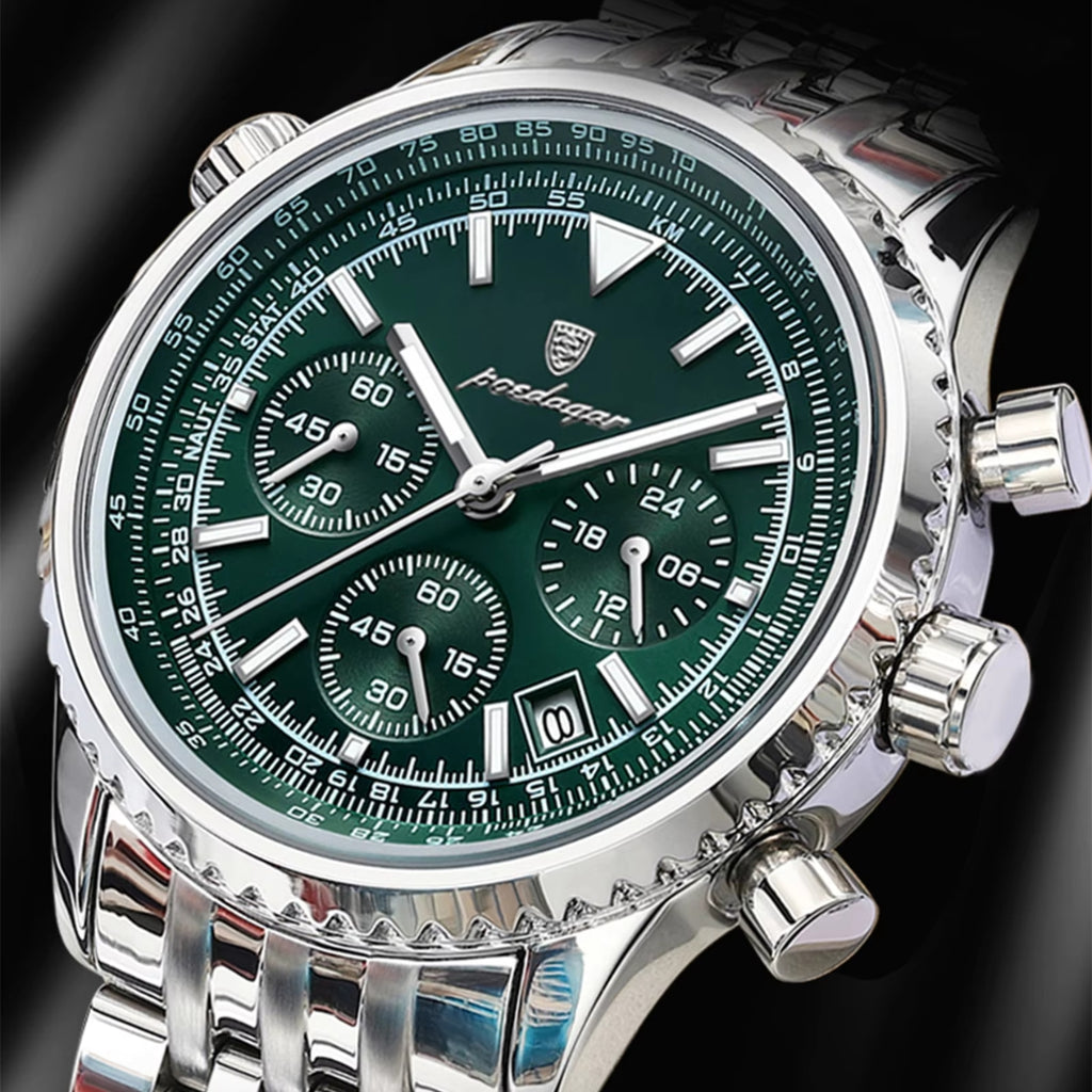 Poedagar 960 Men’s Luxury Watch – Stainless Steel Chronograph Waterproof Quartz with Luminous Green Dial