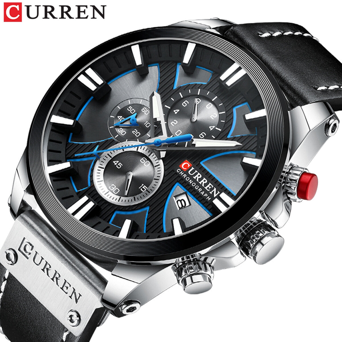 Curren 8346 Men Watch Chronograph Quartz Leather Black