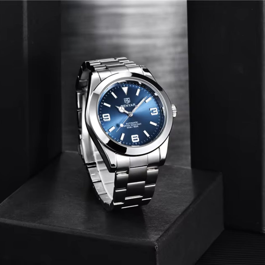 BENYAR 5177 Men’s Automatic Mechanical Watch - Blue Dial Stainless Steel Strap