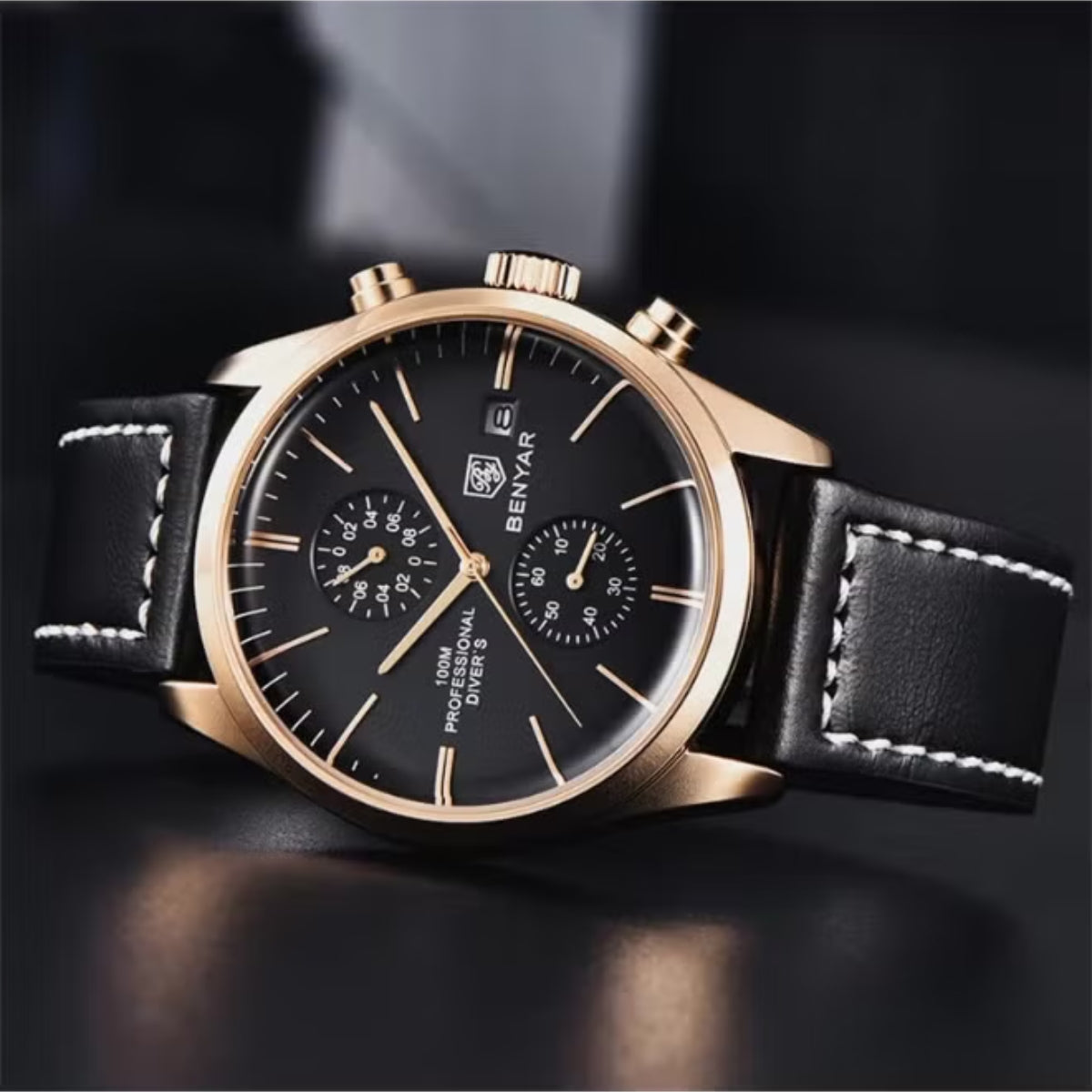 BENYAR 5187 Men’s Luxury Quartz Watch – Leather Band with Chronograph - Gold and Black