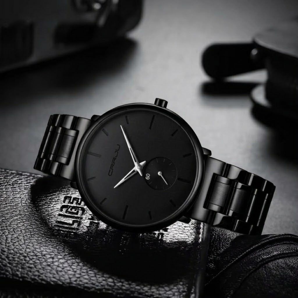 CRRJU 2150 Luxury Quartz Watch – Premium Stainless Steel Band, Casual Black Wristwatch for Men Black Silver