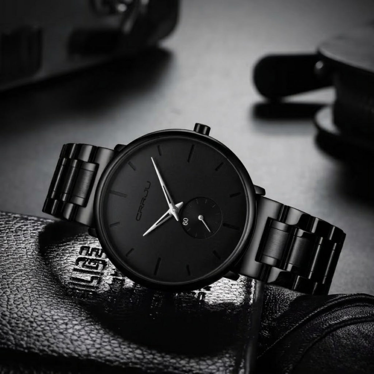 CRRJU 2150 Luxury Quartz Watch – Premium Stainless Steel Band, Casual Black Wristwatch for Men Black Silver