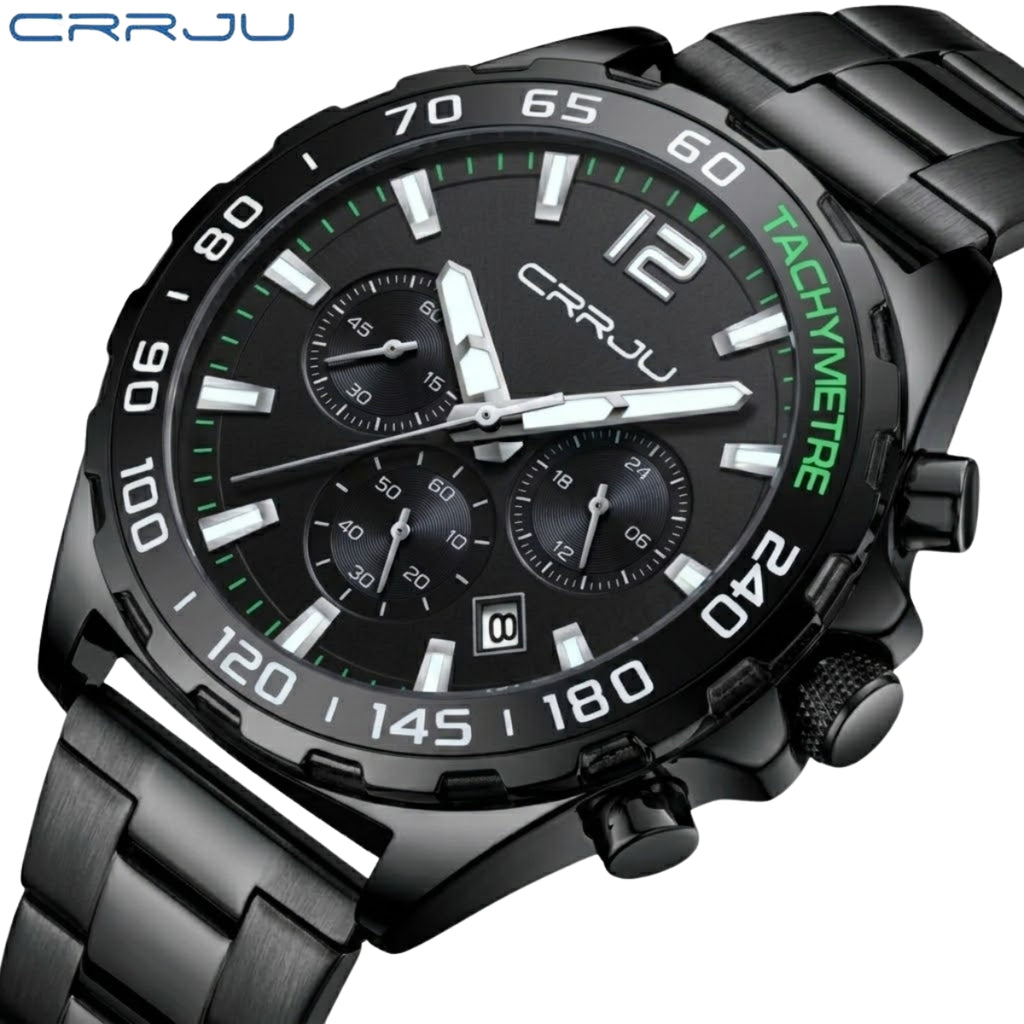 CRRJU 2299 Luxury Chronograph Watch – Premium Stainless Steel Bracelet, Elegant Business Wristwatch for Men Black