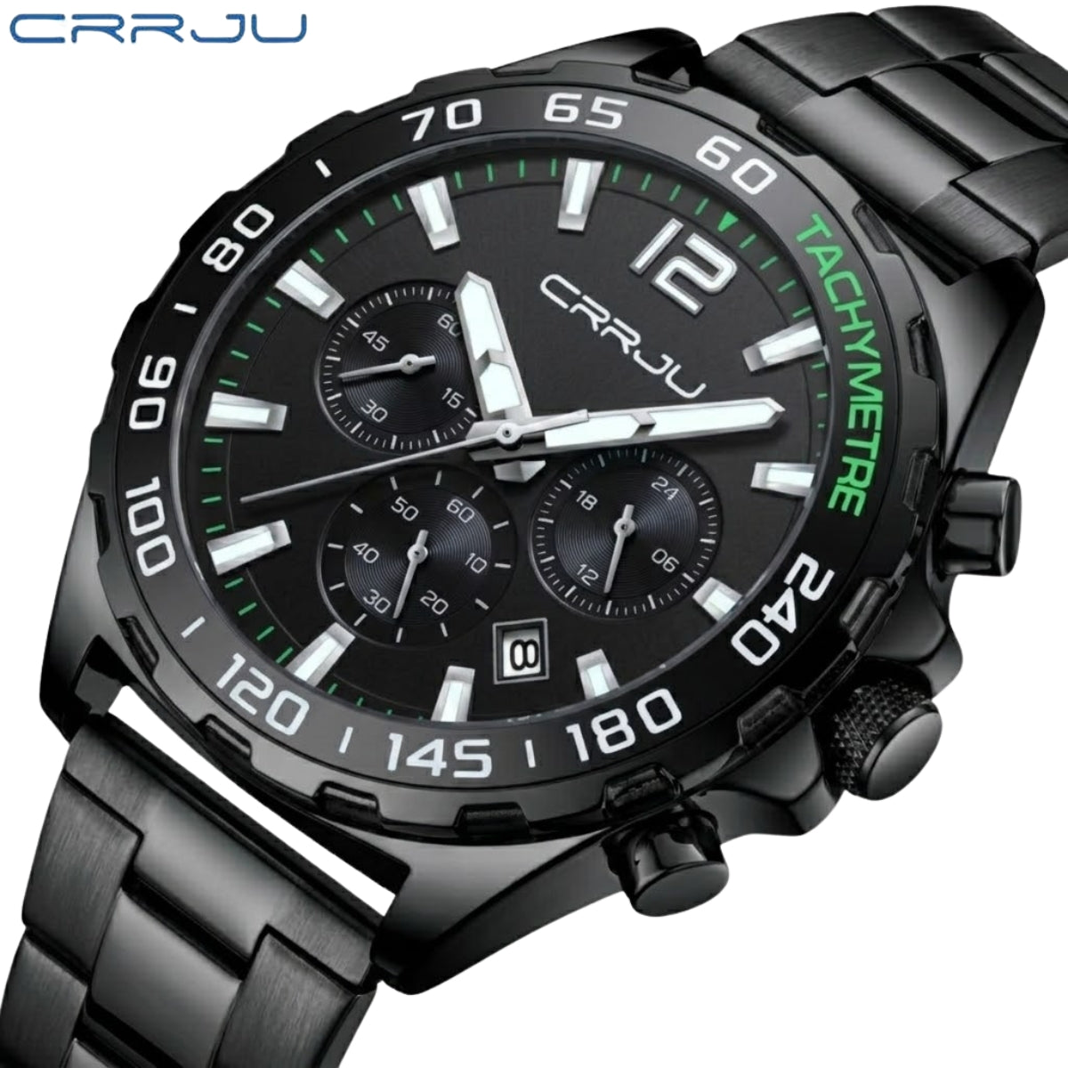 CRRJU 2299 Luxury Chronograph Watch – Premium Stainless Steel Bracelet, Elegant Business Wristwatch for Men Black