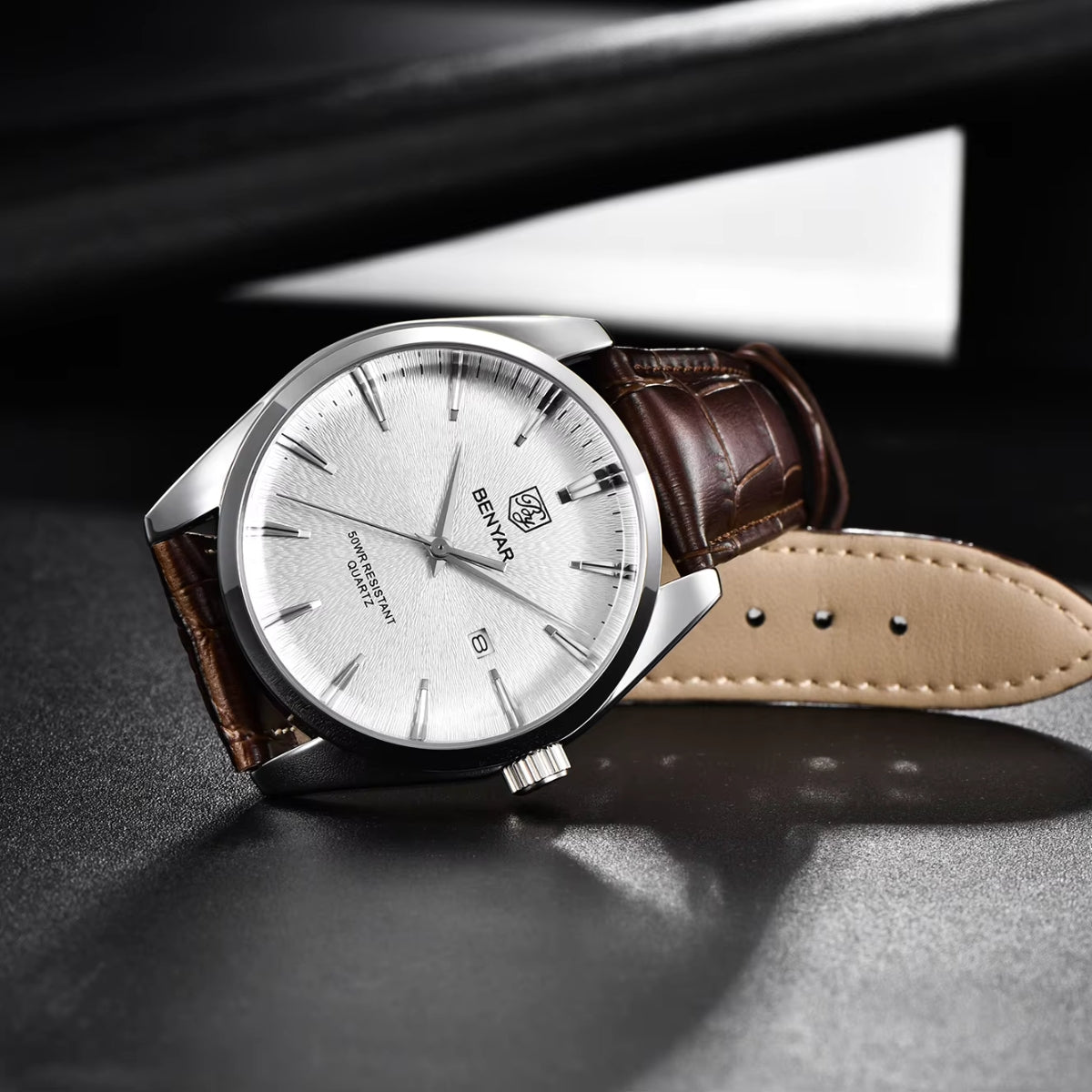 Benyar 5163 Men’s Minimalist Watch – Brown Leather Strap & White Dial