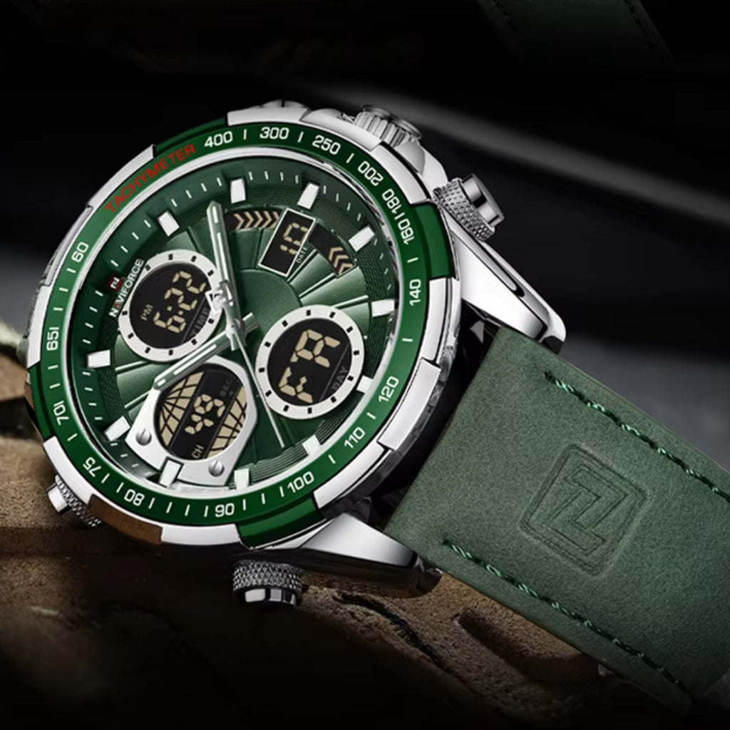 NAVIFORCE 9197 Men’s Dual-Display Watch – Luxury Analog-Digital Chronograph with Alarm & Waterproof Green