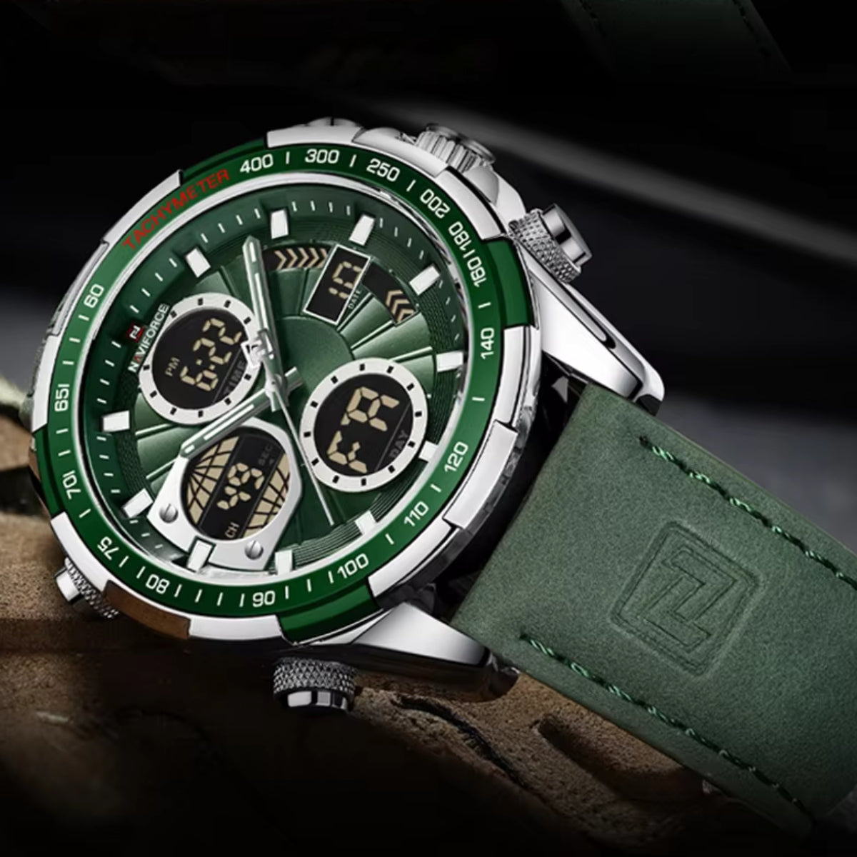 NAVIFORCE 9197 Men’s Dual-Display Watch – Luxury Analog-Digital Chronograph with Alarm & Waterproof Green