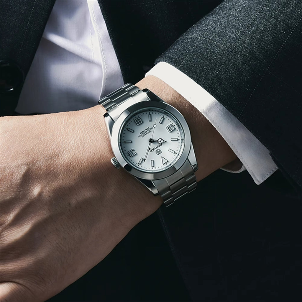 BENYAR 5177 Men’s Automatic Mechanical Watch - White Dial Stainless Steel Strap