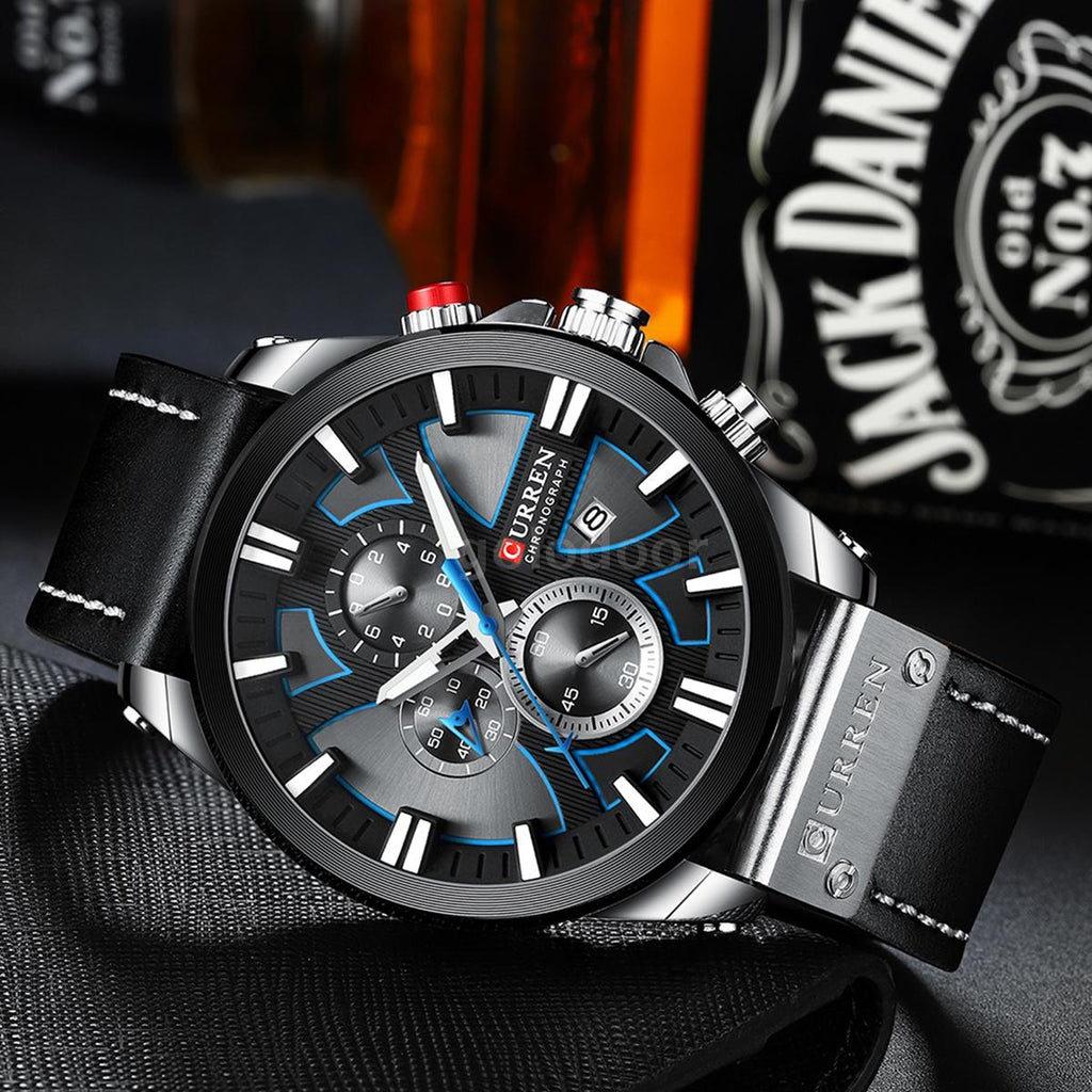 Curren 8346 Men Watch Chronograph Quartz Leather Black