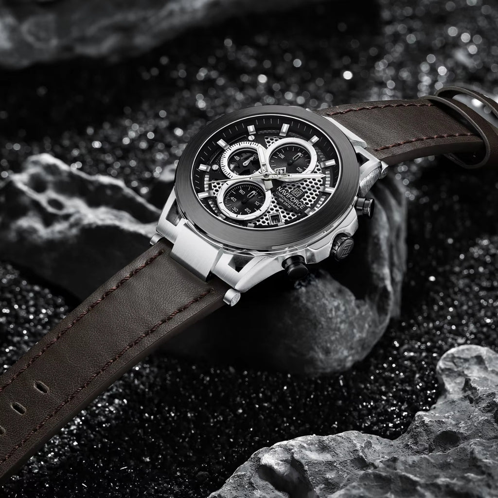 NAVIFORCE 8073 Men’s Skeleton Watch – Original Brand Quartz Wristwatch with Leather Strap & Chronograph
