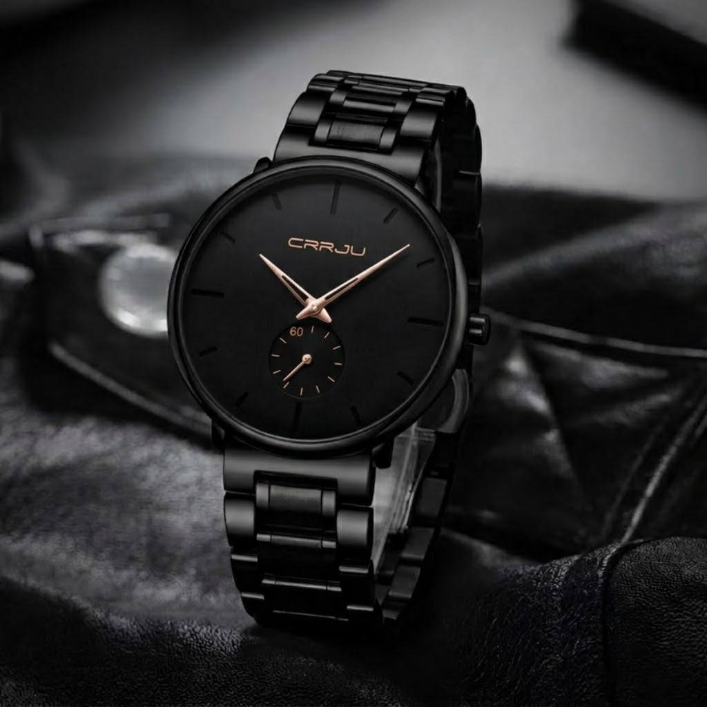 CRRJU 2150 Luxury Quartz Watch – Premium Stainless Steel Band, Casual Black Wristwatch for Men Black Gold