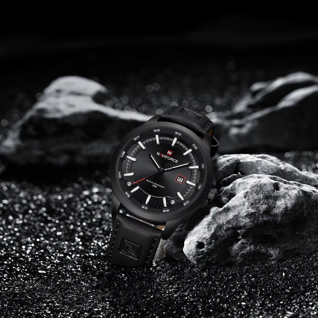 NAVIFORCE 9248 Men’s Fashion Sport Watch – Waterproof Quartz Analog Wristwatch with Leather Strap Black