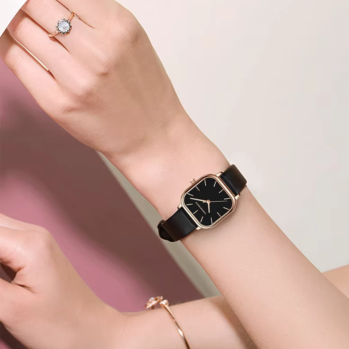 Hannah Martin 1591 Women’s Square Watch – Waterproof Leather Quartz Business Wristwatch Black Dial