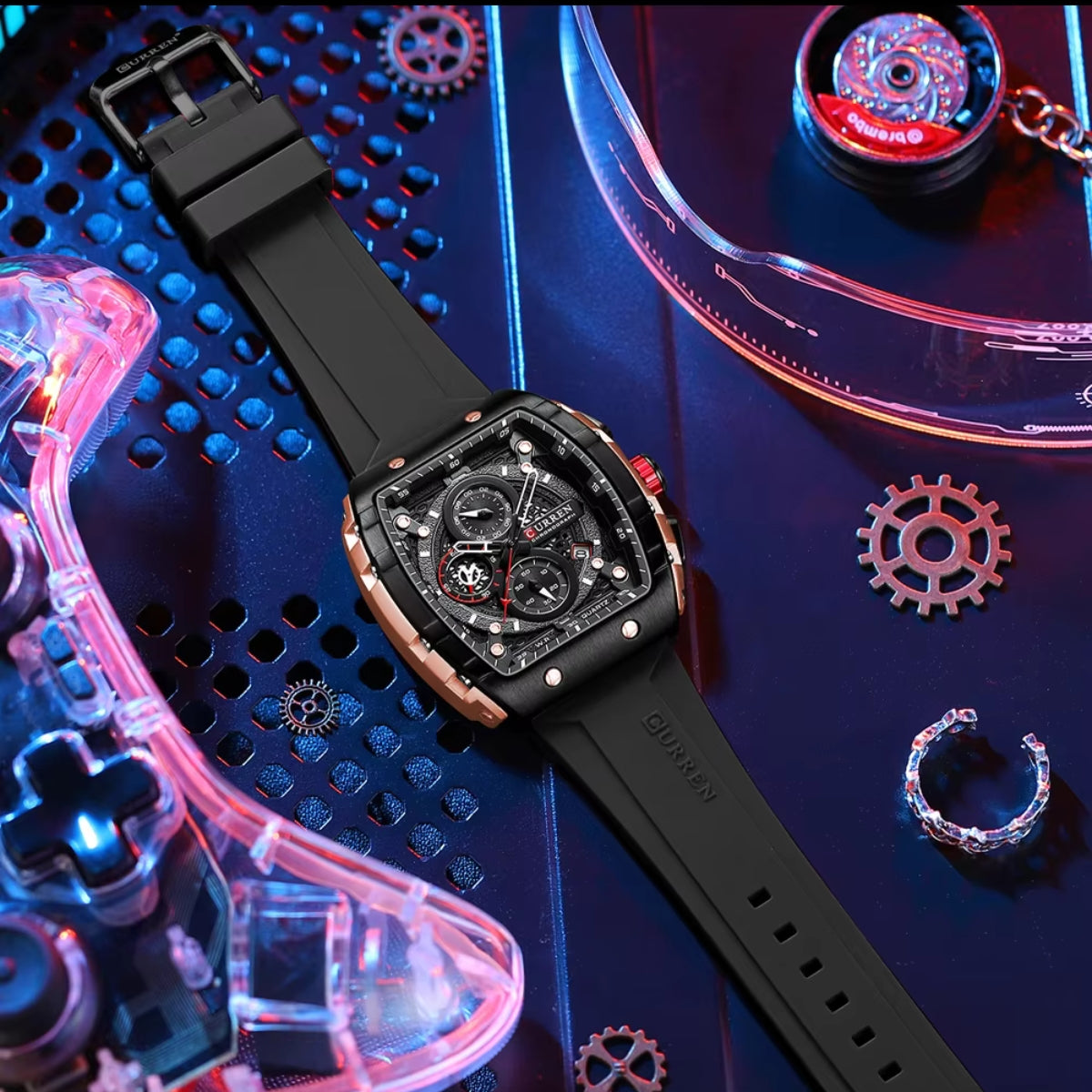 CURREN 8442 Tonneau Dial Sport Watch for Men Waterproof Quartz Black Silicone Strap