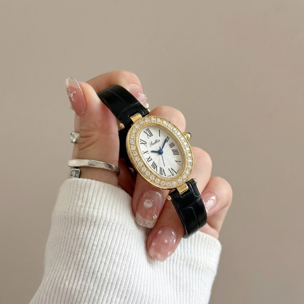 Scottie 9780 Women’s High-End Oval Watch – Elegant Leather Quartz Wristwatch for - Black and Gold