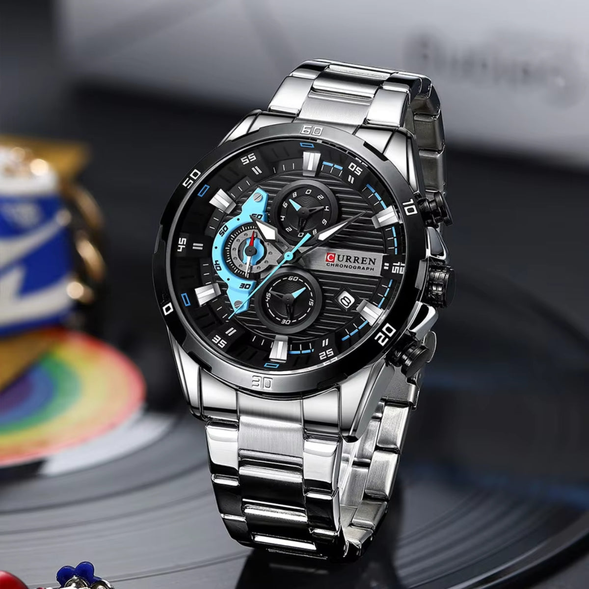 CURREN 8402 Men Watch Quartz Stainless Steel Chronograph Waterproof Wrist Watch Luminous Sport Black Dial